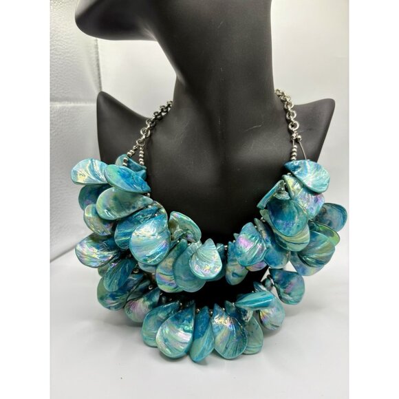 Large Chunky Baroque Blue Mother Of Pearl Abalone MultiStrand Bib Necklace Heavy - Picture 1 of 4